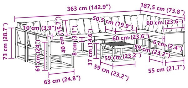 Kültéri kanapé szett 11 pcs Természetes és Világosszürke
