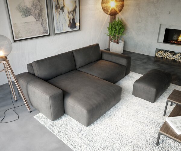 DELIFE Sarokkanapé Lanzo XL 270x180 cm bőr imitáció vintage antracit variálható rekamié puffal