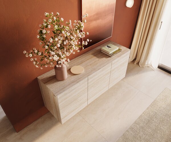 DELIFE Komód Cuor 150 cm Laminam® Travertino Bianco krémfehér 3 ajtós lebegő