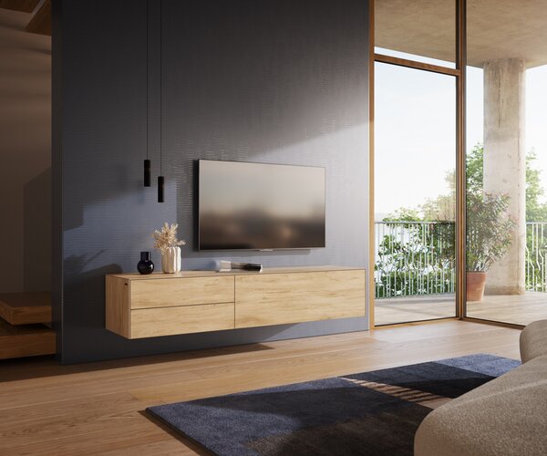 DELIFE TV szekrény Cuor 180 cm kerámia Laminam® sabbia tölgyszínű 1 billenő ajtó 2 fiókos lebegő