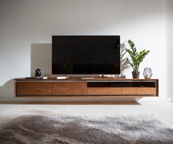 DELIFE TV szekrény Stonegrace 240 cm akác barna kőfurnér 2 ajtós 2 fiókos 1 rekeszes lebegő