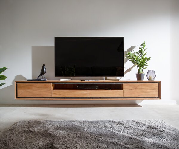 DELIFE TV szekrény Stonegrace 240 cm akác természetes 2 ajtós 1 rekeszes 2 fiókos kőfurnéros lebegő