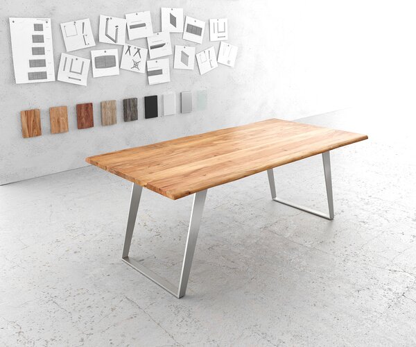 DELIFE Étkezőasztal Edge 200x100 cm akác természetes rozsdamentes acél ezüst ferde Live-Edge
