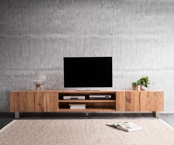 DELIFE TV szekrény Live-Edge 300 cm akác természetes 4 ajtós 2 rekeszes