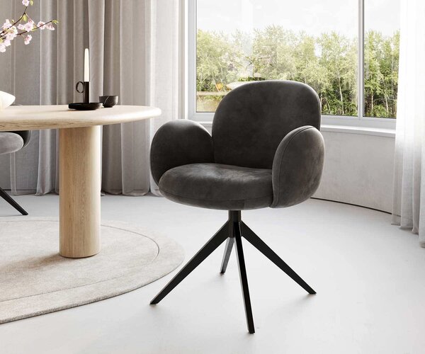 DELIFE Étkezőszék Nube-Flex karfás mikroszálas antracit vintage kereszt láb széles fekete 360° forgatható zsákrugós