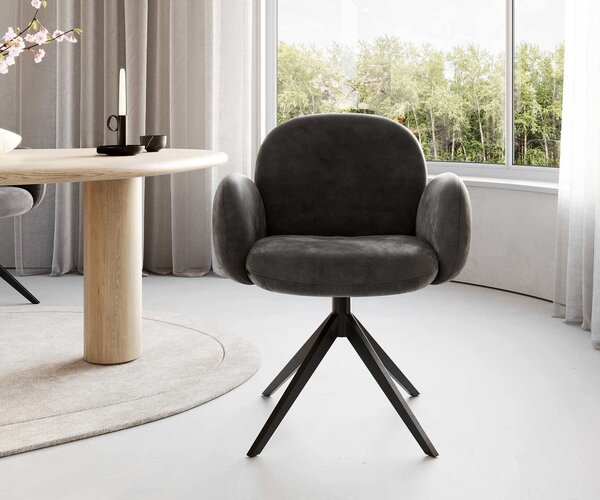 DELIFE Étkezőszék Nube-Flex karfás mikroszálas antracit vintage kereszt láb széles fekete 360° forgatható zsákrugós