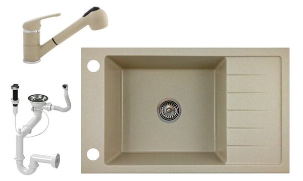 Gránit mosogató NERO Grande + kihúzható Shower csaptelep+ dugóemelő (bézs)