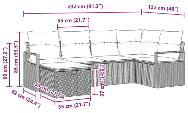 Kanapé Szett párnával 6 pcs Fekete és Türkiz polirattan