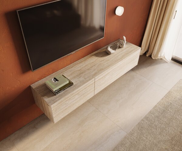 DELIFE TV szekrény Cuor 180 cm Laminam® kerámia travertino bianco krémfehér 1 billenő ajtó 2 fiókos lebegő