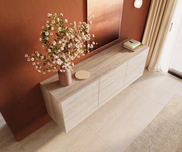 DELIFE Komód Cuor 180 cm kerámia Laminam® Travertino Bianco krémfehér 2 ajtós 3 fiókos lebegő