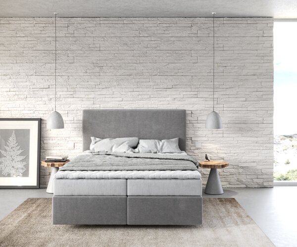 DELIFE Boxspring ágy Dream-Well 140x200 cm mikroszálas szürke matraccal és topperrel