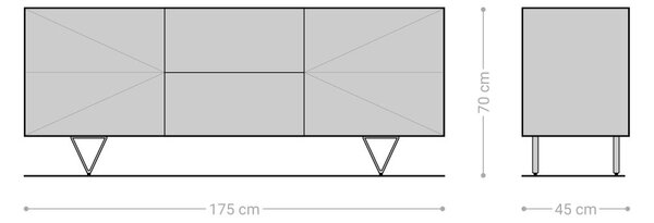 DELIFE Design-komód Wyatt 175 cm 3D hatás középen akác természetes rozsdamentes acél