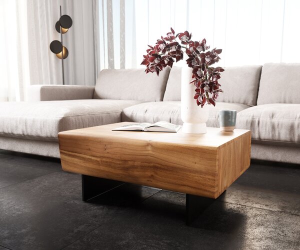 DELIFE Dohányzóasztal New Live-Edge 80x60 cm akác természetes 2 fiók lebegő fém láb fekete
