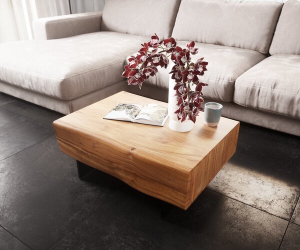 DELIFE Dohányzóasztal New Live-Edge 80x60 cm akác természetes 2 fiók lebegő fém láb fekete