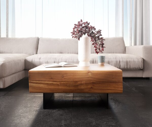 DELIFE Dohányzóasztal New Live-Edge 80x60 cm akác természetes 2 fiók lebegő fém láb fekete