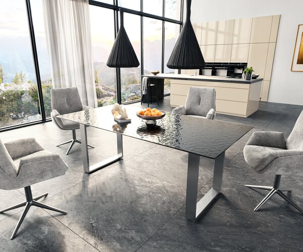DELIFE Étkezőasztal Edge 200x100 domborított üveg füstfekete 3D design rozsdamentes acél keskeny