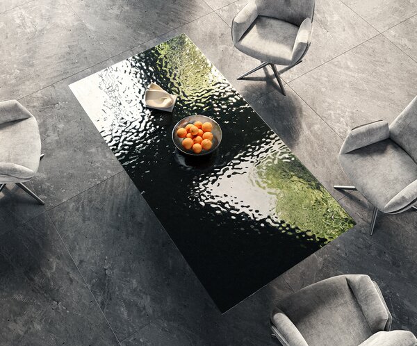 DELIFE Étkezőasztal Edge 200x100 domborított üveg füstfekete 3D design rozsdamentes acél keskeny