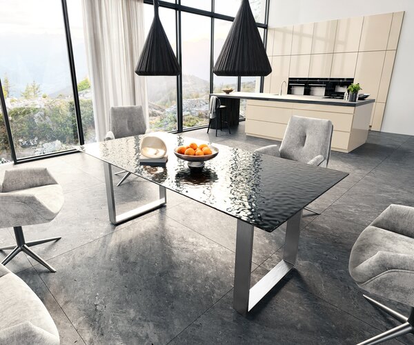 DELIFE Étkezőasztal Edge 200x100 domborított üveg füstfekete 3D design rozsdamentes acél keskeny