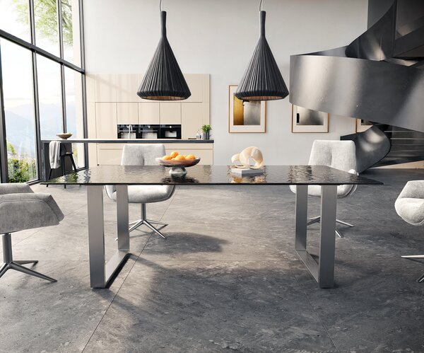 DELIFE Étkezőasztal Edge 200x100 domborított üveg füstfekete 3D design rozsdamentes acél keskeny
