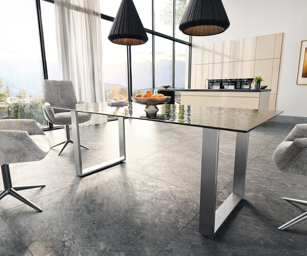 DELIFE Étkezőasztal Edge 200x100 domborított üveg füstfekete 3D design rozsdamentes acél keskeny
