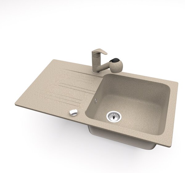 Gránit mosogató NERO Malta + kihúzható zuhanyfejes Shower csaptelep + dugókiemelő (bézs)