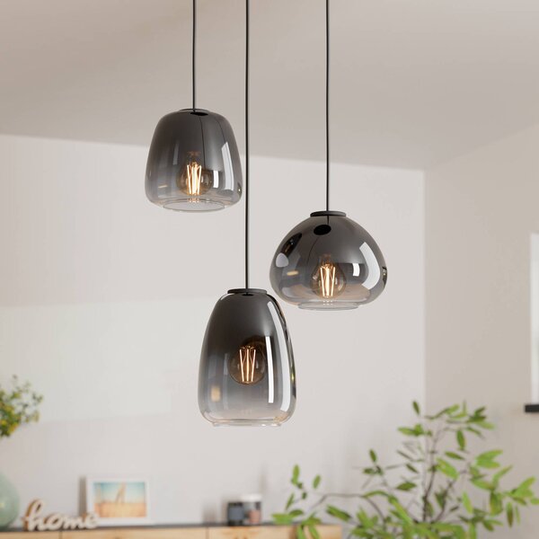 EGLO Aguilares függőlámpa, füstölt üveg, 3 lámpás rondella, dimmelhető, Alu / szürke / cink, Nappali / Étkező, Üveg, Modern