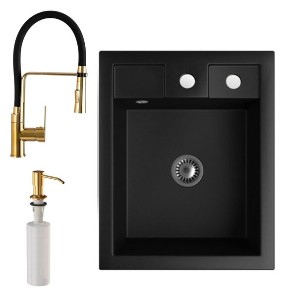 Gránit Mosogató NERO Parma + kiemelhető zuhanyfejes Vegas arany mosogató csaptelep + arany adagoló + szifon (matt fekete)