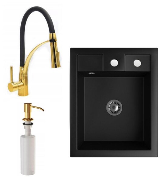 Gránit Mosogató NERO Parma + kihúzható zuhanyfejes Duo-Flex Gold csaptelep + arany adagoló + szifon (matt fekete)