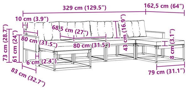 Kültéri kanapé szett párnával 6 pcs Természetes és Fekete