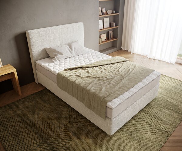 DELIFE Boxspring ágy Dream-Well 120x200 cm bouclé krémfehér matraccal és topperrel
