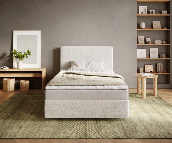 DELIFE Boxspring ágy Dream-Well 120x200 cm bouclé krémfehér matraccal és topperrel