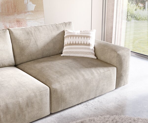 DELIFE Nagy kanapé Lanzo XL 270x130 cm kordbársony bézs puffal