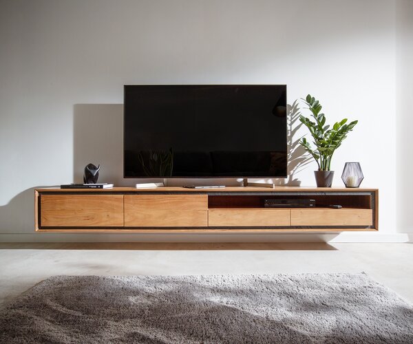 DELIFE TV szekrény Stonegrace 240 cm akác természetes kőfurnér 2 ajtós 1 rekeszes 2 fiókos lebegő