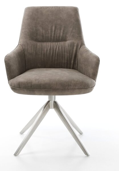 DELIFE Étkezőszék Zelia-Flex karfás mikroszálas taupe vintage széles kereszt láb rozsdamentes acél 360° forgatható hintamechanizmus zsákrugós matraccal