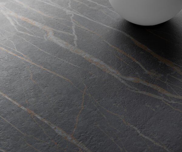 DELIFE Dohányzóasztal Edge hajóformájú 120x70 cm Laminam® kerámia Noir Desir barna Sarity fém titán színű effektfinish