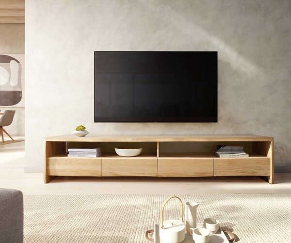 DELIFE TV szekrény Live-Edge 230 cm tölgy természetes 4 fiókos masszív természetes él