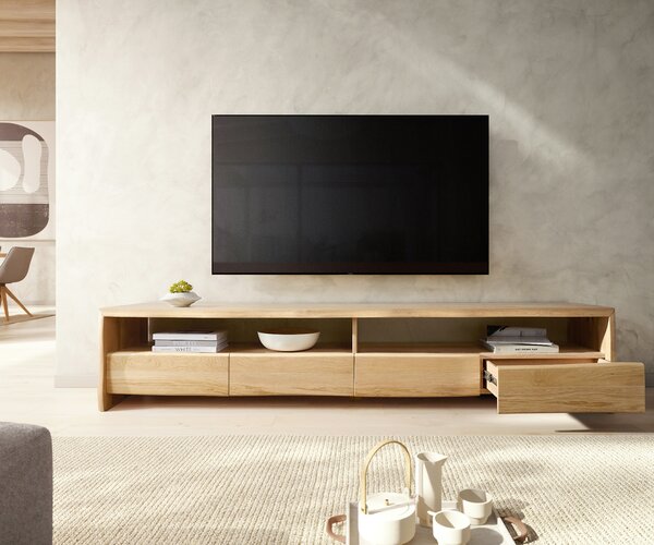 DELIFE TV szekrény Live-Edge 230 cm tölgy természetes 4 fiókos masszív természetes él
