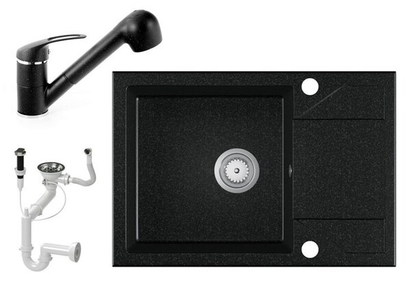 Gránit Mosogató EOS Adria + kihúzható Shower csaptelep + dugóemelő - fekete
