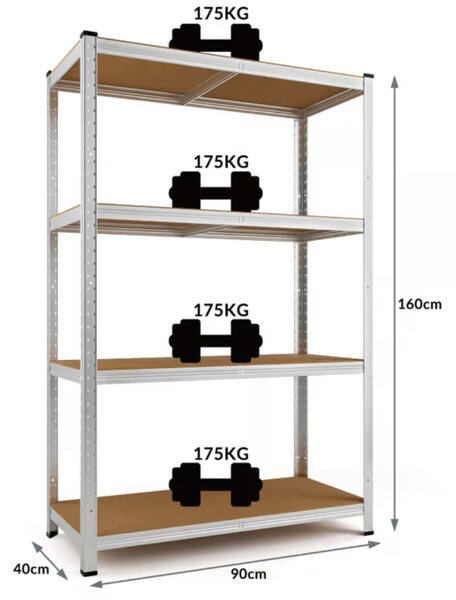Nagy teherbírású HEAVY polc, max. 700 kg, 90x40x160cm, ezüst Monzana