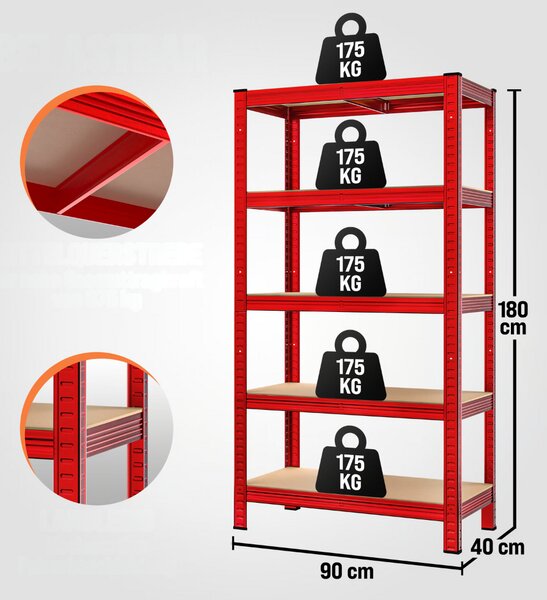 HEAVY nagy teherbírású polc, max. 875kg, 180×90×40cm, piros Monzana