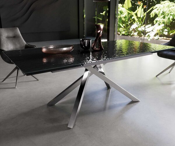 DELIFE Étkezőasztal Edge 200-300x100 domborított üveg füstfekete 3D design kereszt láb téglalap rozsdamentes acél kihúzható