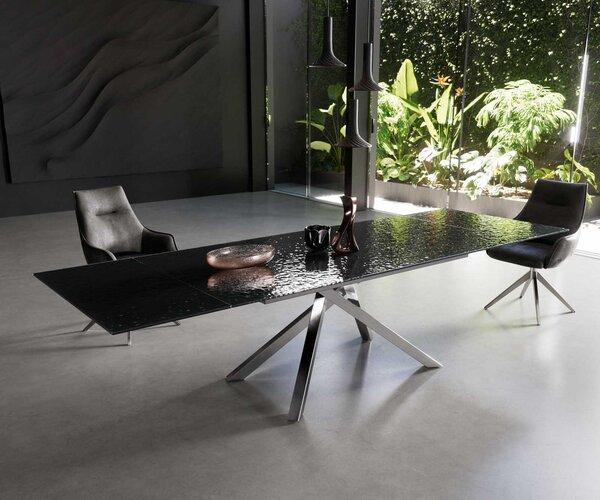 DELIFE Étkezőasztal Edge 200-300x100 domborított üveg füstfekete 3D design kereszt láb téglalap rozsdamentes acél kihúzható
