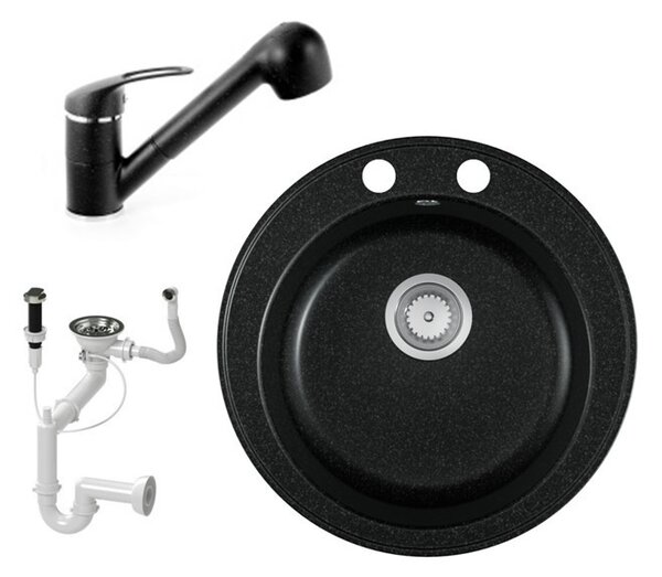 Gránit mosogató EOS Valero + kihúzható zuhanyfejes Shower csaptelep + dugókiemelő (fekete)