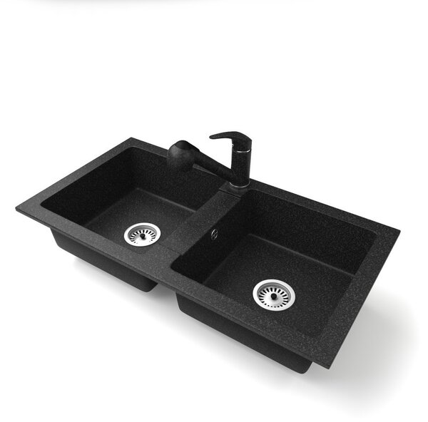 Gránit mosogató NERO Lybra + kihúzható zuhanyfejes Shower csaptelep + szifon (fekete)