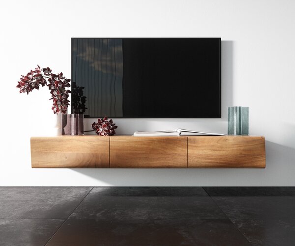 DELIFE TV szekrény New Live-Edge 145 cm akác természetes 3 ajtós lebegő