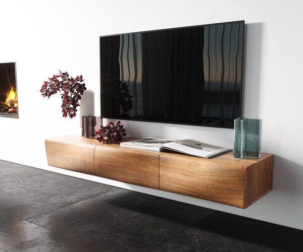 DELIFE TV szekrény New Live-Edge 145 cm akác természetes 3 ajtós lebegő
