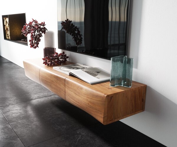 DELIFE TV szekrény New Live-Edge 145 cm akác természetes 3 ajtós lebegő