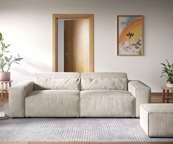 DELIFE Nagy kanapé Sirpio XL 270x130 cm kordbársony bézs puffal