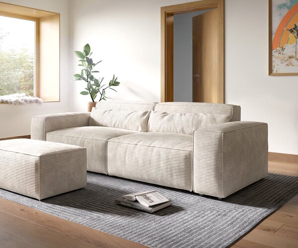 DELIFE Nagy kanapé Sirpio XL 270x130 cm kordbársony bézs puffal