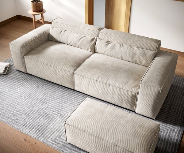 DELIFE Nagy kanapé Sirpio XL 270x130 cm kordbársony bézs puffal